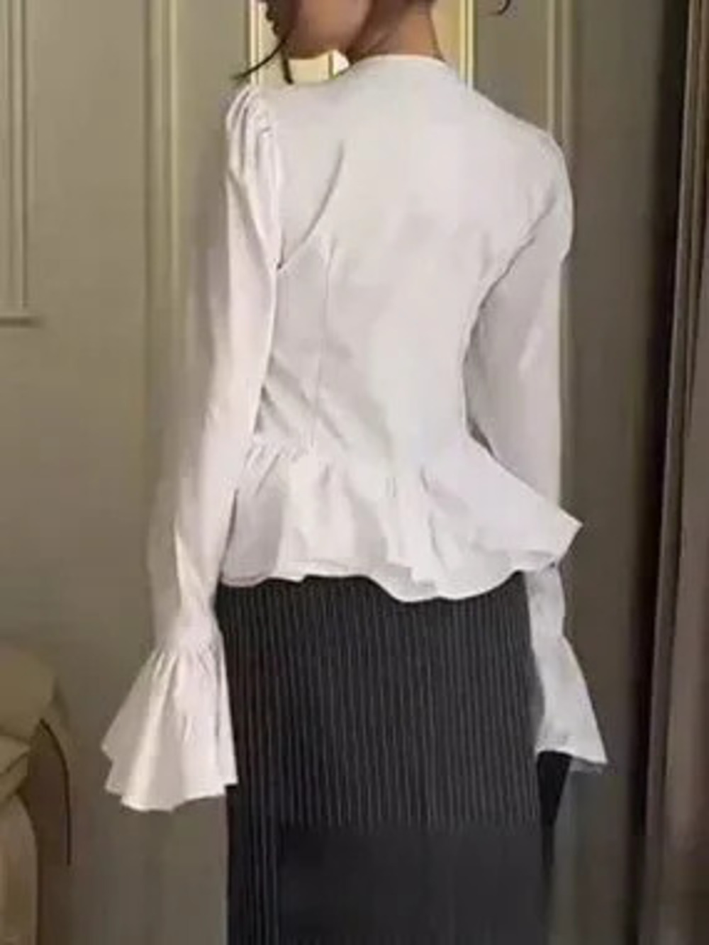 ZARA White Elegant Women's Ruched Asymmetrical Flare Sleeve Blouse